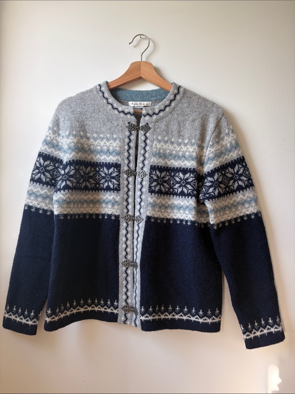 Susan Bristol Navy and Light Gray Nordic-Pattern Wool Cardigan